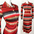 VTG 60s 70s RED BROWN WHITE BLACK STRIPED CHEVRON DOTTY DAGGER SHIRT DRESS 12 14