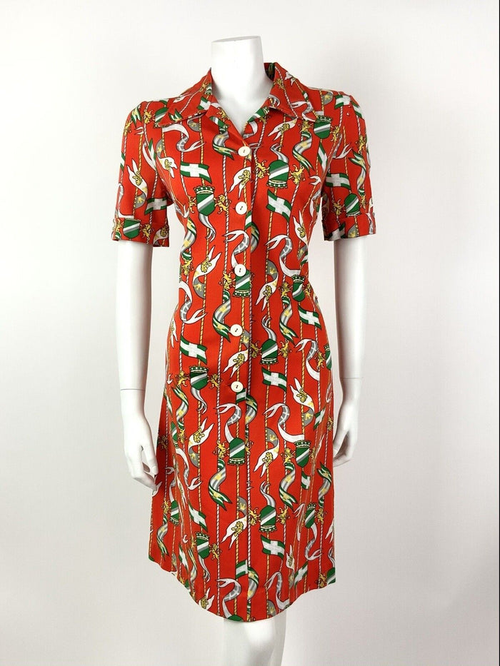 VTG 60s 70s RED ORANGE GREEN GREY FLAG LION CREST MOD DAGGER SHIRT DRESS 12 14
