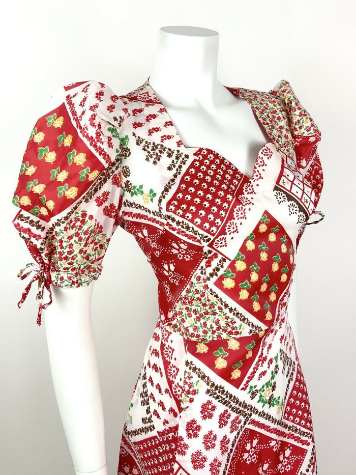 VTG 60s 70s RED WHITE GREEN FLORAL GYPSY PATCHWORK FOLK PUFF SLEEVE DRESS 12 14