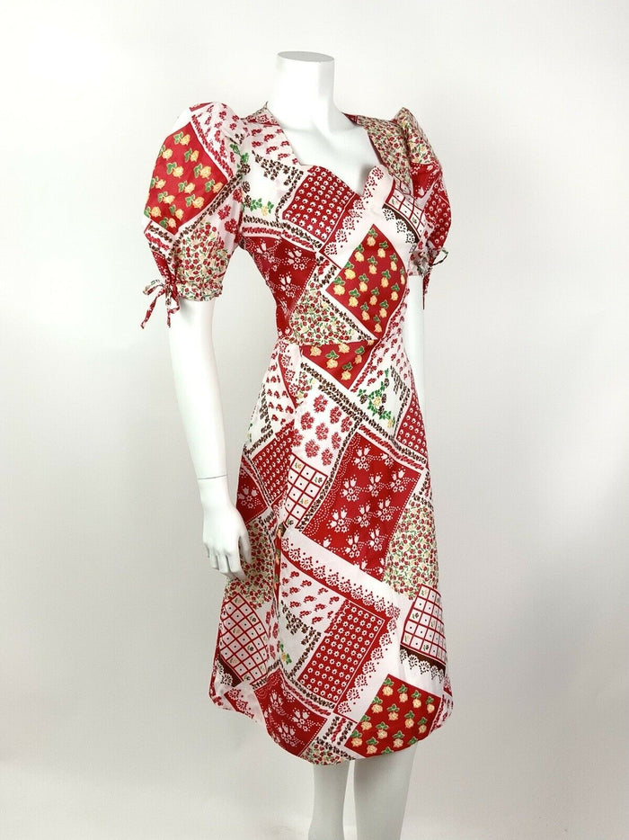 VTG 60s 70s RED WHITE GREEN FLORAL GYPSY PATCHWORK FOLK PUFF SLEEVE DRESS 12 14
