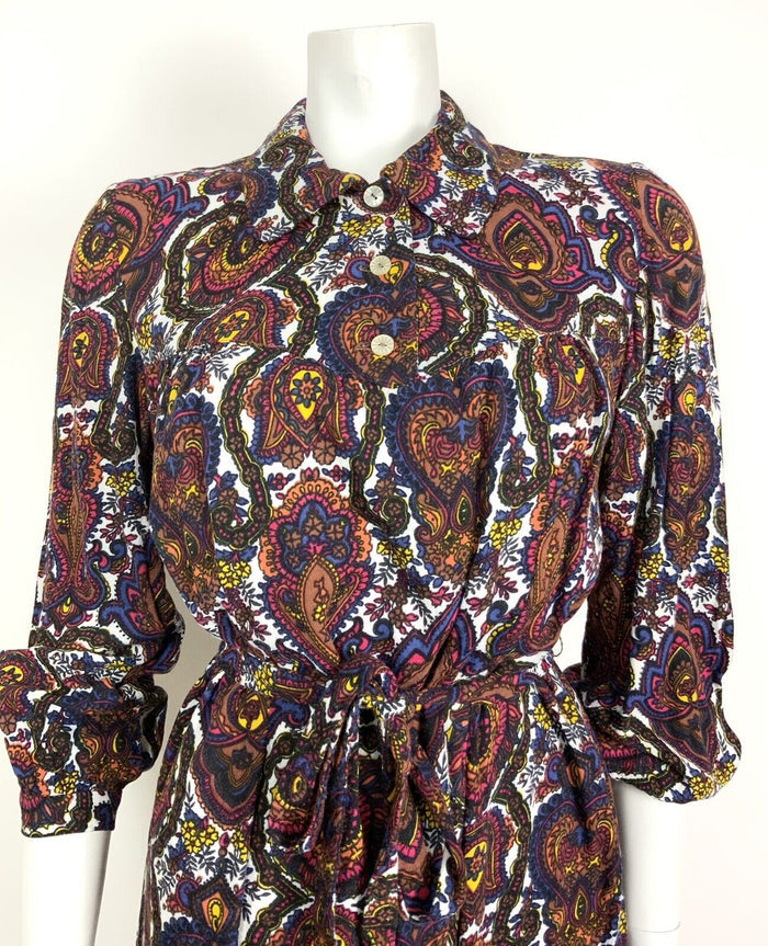 VTG 60s 70s WHITE BROWN BLUE RED PSYCHEDELIC PAISLEY FLORAL SHIRT DRESS 12 14