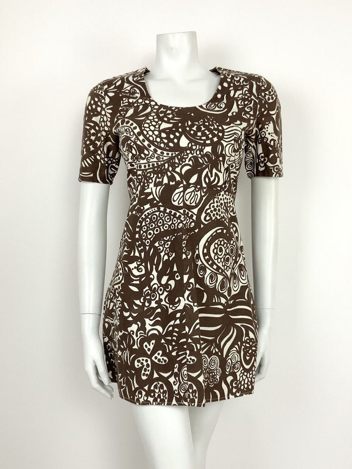 VTG 60s 70s WHITE BROWN PSYCHEDELIC FLORAL PAISLEY HANDPRINTED MINI DRESS 10