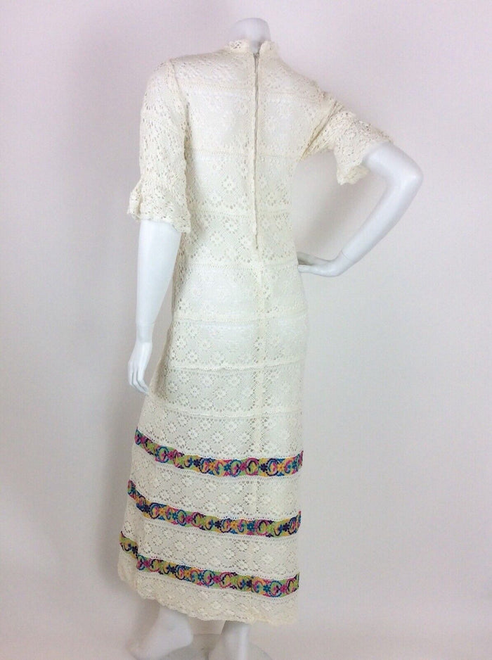 VTG 60S 70S WHITE CREAM EMBROIDERED CROCHET MAXI DRESS 6 8
