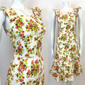 VTG 60s 70s WHITE ORANGE GREEN BROWN FLORAL RUFFLED BOHO FOLK SUMMER DRESS 8 10
