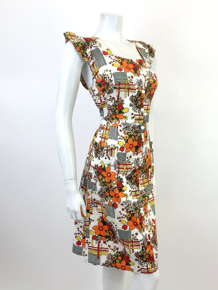 VTG 60s 70s WHITE ORANGE RED GREEN GEOMETRIC FLORAL MOD RUFFLE SHIFT DRESS 12 14
