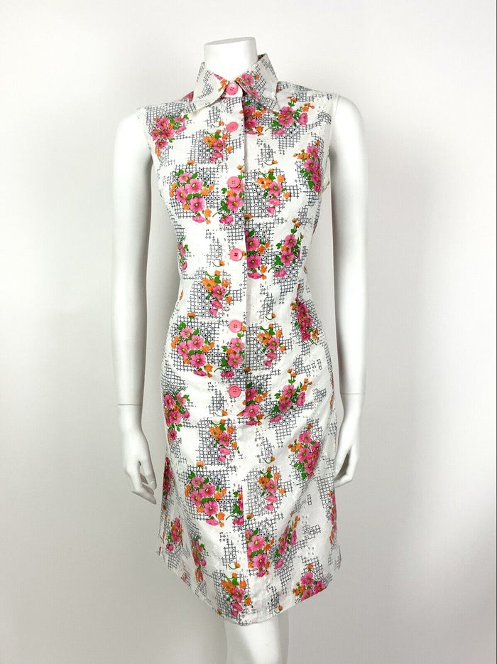 VTG 60s 70s WHITE PINK ORANGE GREEN EMBROIDERED FLORAL DAGGER SHIRT DRESS 12 14