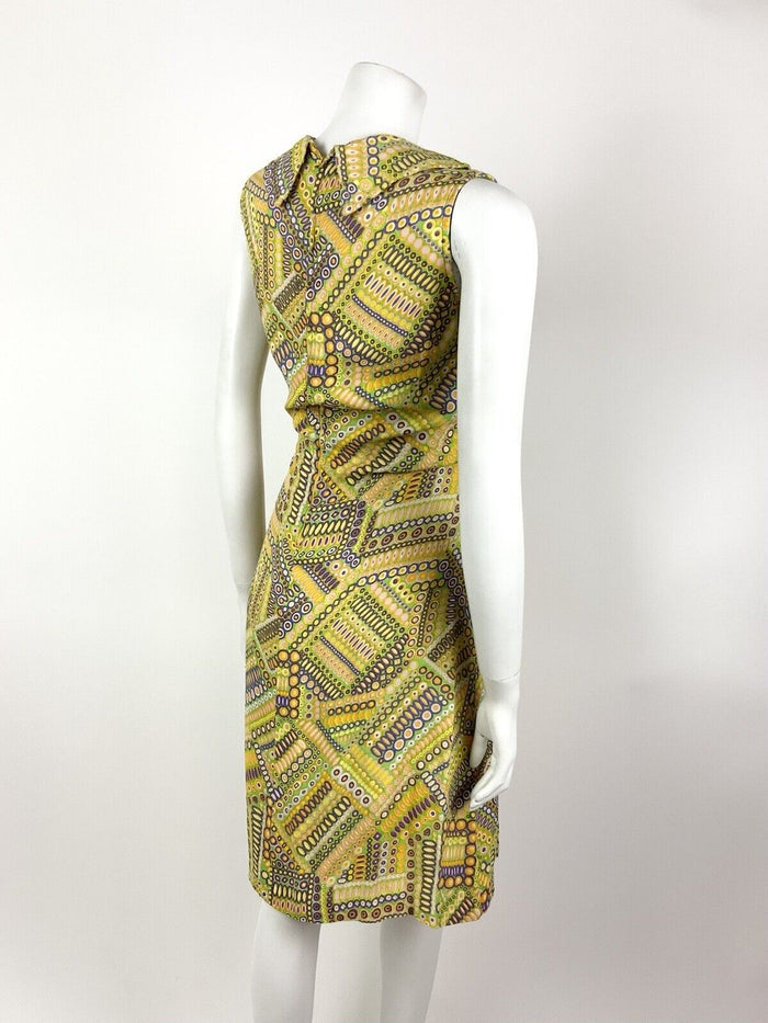 VTG 60s 70s YELLOW GREEN PURPLE PSYCHEDELIC GEOMETRIC SHIRT COLLAR DRESS 10