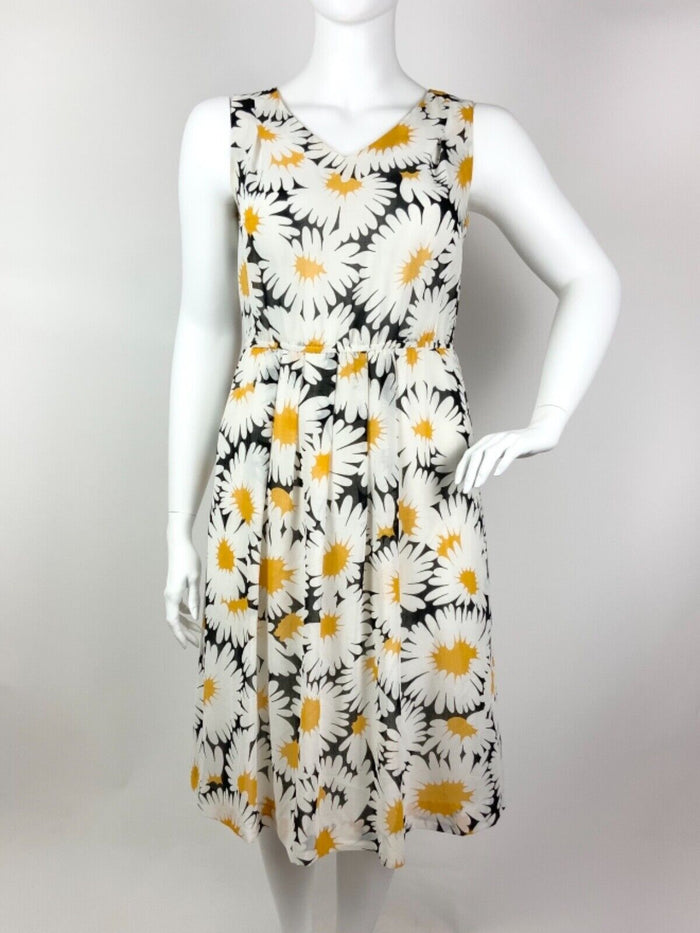 VTG 70s 80s WHITE BLACK YELLOW FLORAL DAISY SLEEVELESS SUMMER DRESS 16