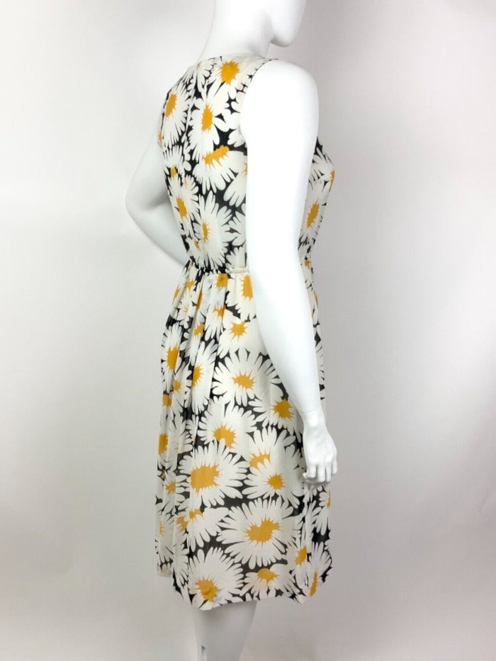 VTG 70s 80s WHITE BLACK YELLOW FLORAL DAISY SLEEVELESS SUMMER DRESS 16