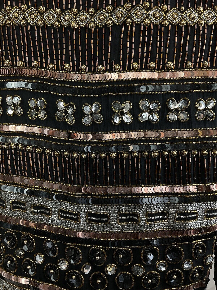 VTG 70s BLACK BRONZE SILVER DECO STRIPED BEADED SEQUIN PARTY TROPHY JACKET 8 10