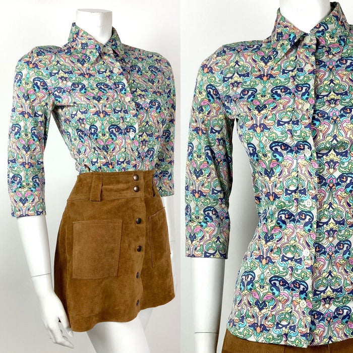 VTG 70s STYLE 90s NOUVEAU PSYCHEDELIC FLORAL DAGGER SHIRT BLOUSE 8 10