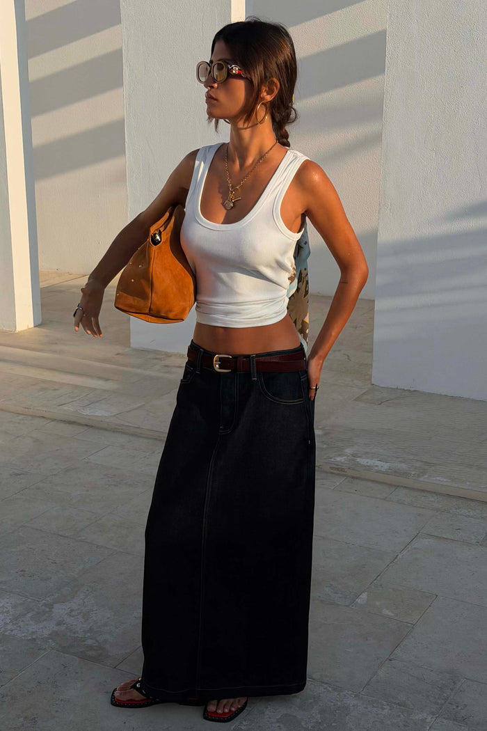 White Scoop Neck Rib Tank in a soft stretch rib, styled with a dark denim pencil skirt and tan suede bag.