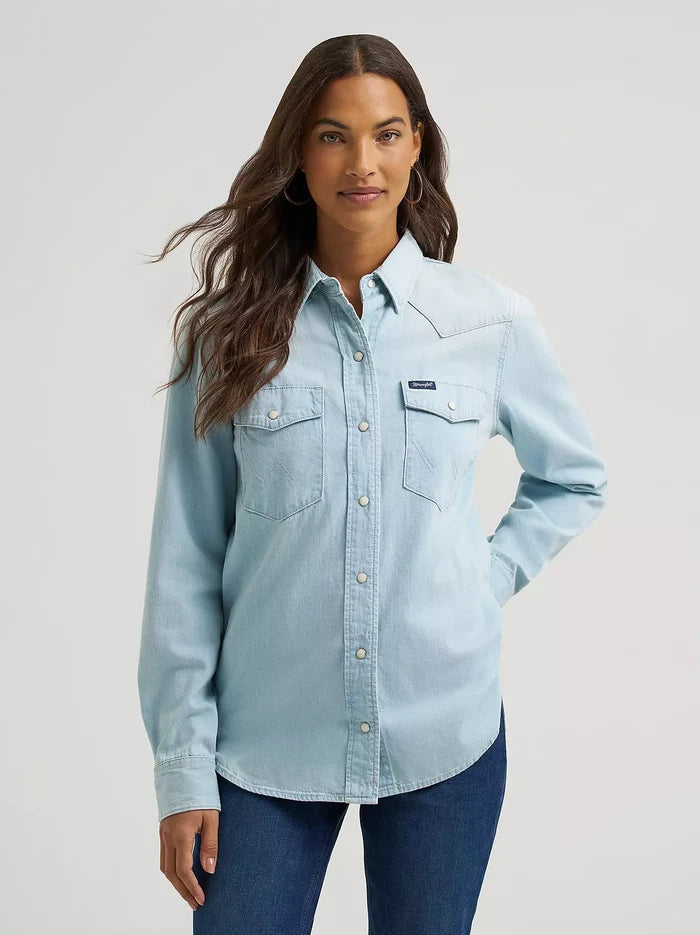 Wrangler Denim Snap Shirt in Bleached Denim