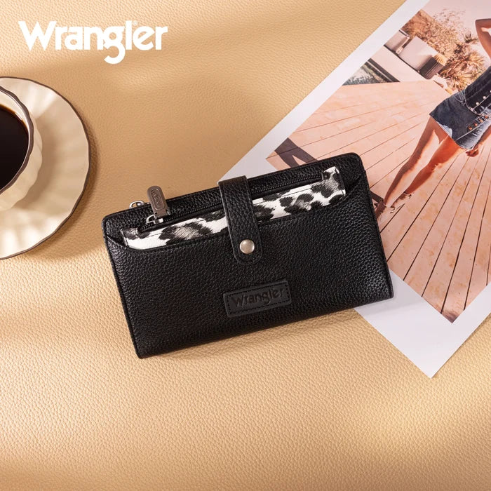 Wrangler Western Bi-Fold RFID Wallet/Wristlet With Detachable Pouch- Black