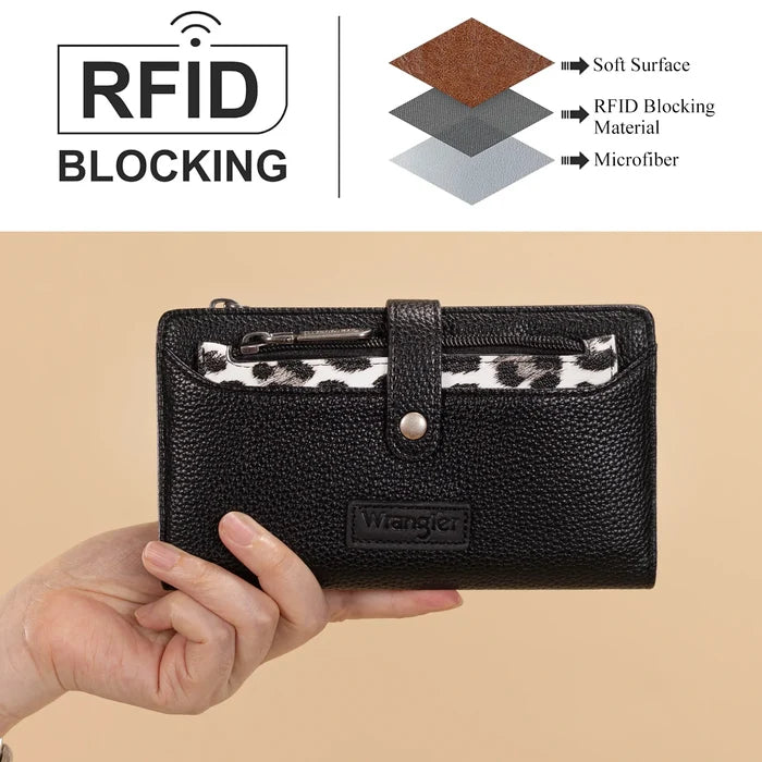 Wrangler Western Bi-Fold RFID Wallet/Wristlet With Detachable Pouch- Black