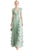 wrap-style V-neck maxi dress with cascading ruffle detail – SAGE