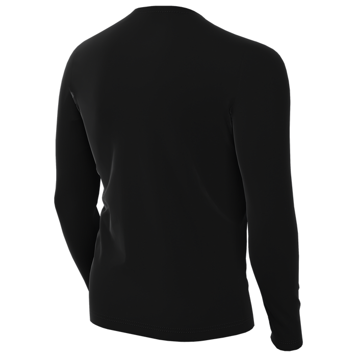Rear view of a tight-fitting, long-sleeved black shirt with a crew neck.